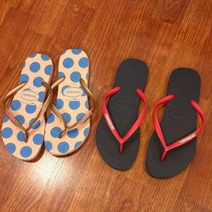 Havaianas Blue Polka Dot and Navy Blue Flip Flops with Red Straps